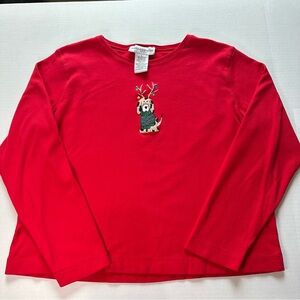 Marisa Christina Vintage Christmas Reindeer Dog ReinDog Red Long Sleeve Shirt